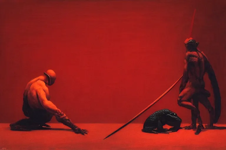 Image similar to only with red, a red samurai do seppuku, tokio, a lot of frogs watch, in the style of beksinski, parts by edward hopper, parts by rodcenko, parts by yue minjun, intricate and epic composition, red by caravaggio, insanely quality, highly detailed, masterpiece, red light, artstation, 4 k