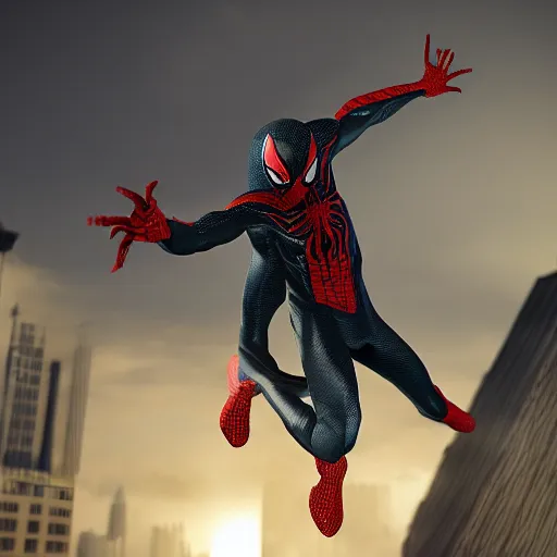 Image similar to a single venom and spider - man hybrid, dslr, cinematic, volumetric lighting, 8 k resolution, photorealistic