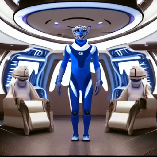 Prompt: A beautiful scene from a 2020 sci-fi film featuring a humanoid leopard wearing a white and blue uniform in a starship bridge. An anthropomorphic leopard in a futuristic uniform.