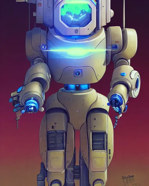 Prompt: bastion the friendly robot from overwatch, with his pet bird, character portrait, portrait, close up, concept art, intricate details, highly detailed, vintage sci - fi poster, retro future, in the style of chris foss, rodger dean, moebius, michael whelan, katsuhiro otomo, and gustave dore