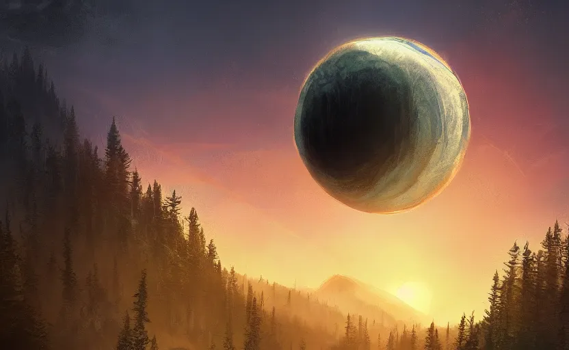 Image similar to digital sci-fi painting of a gigantic black sphere floating over the forest, concept art, beautiful sunset lighting, golden hour, 4k trending on artstation