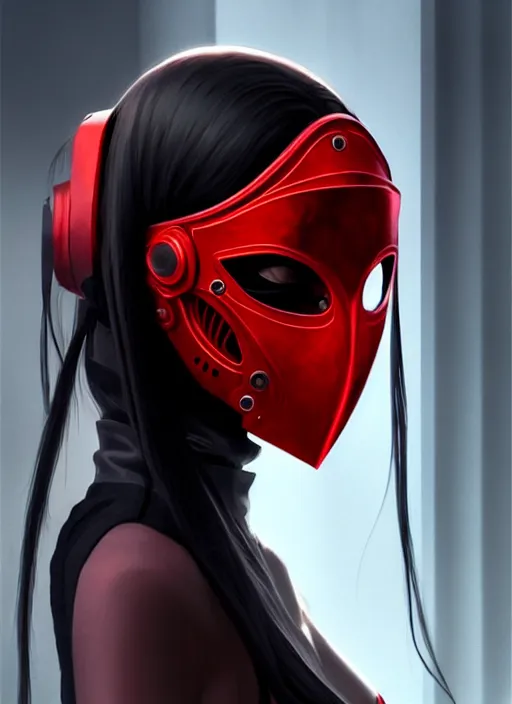 Image similar to portrait of long black hair girl within a red steel mask and techwear. cynical face, concept art, cyberpunk illustration, intricate, highly detailed 8 k, smooth, matte, sharp focus, rim light, beautiful and aesthetic shape of face and body, artgerm, artstation, art by gharliera and rinotuna and junpei