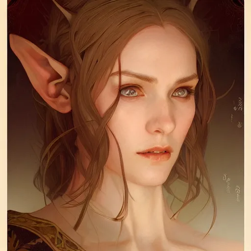 Image similar to portrait of a female elf, elegant, digital painting, highly detailed, fantasy, artstation, concept art, smooth, sharp focus, illustration, art by artgerm and greg rutkowski and alphonse mucha