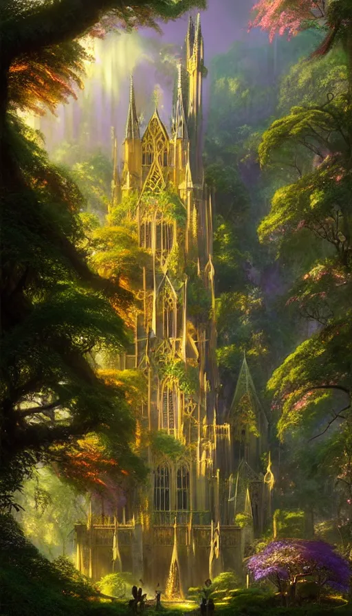 Image similar to fairy palace, castle towers, sunbeams, gothic cathedral, Japanese shrine waterfall, gold and gems, purple trees, lush vegetation, forest landscape, painted by tom bagshaw, raphael lacoste, eddie mendoza, alex ross concept art matte painting