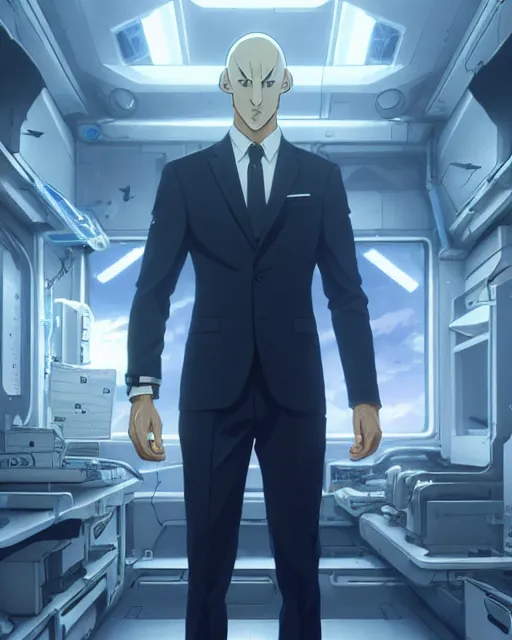 Image similar to gigachad luigi wearing a suit in the space lab, fantasy character portrait, ultra realistic, anime key visual like saitama, full body concept art like ernest khalimov, intricate details, highly detailed by greg rutkowski, ilya kuvshinov, gaston bussiere, craig mullins, simon bisley