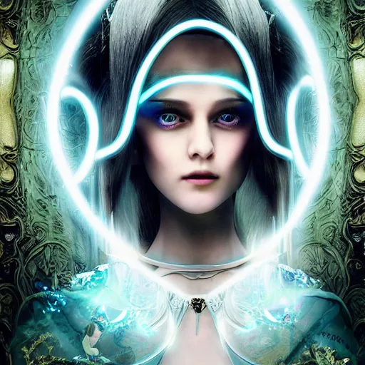 Prompt: A portrait of an ethereal, mysterious stunning maximalist mesmerizing elven girl from the rainbow sky paradise in Tron: Legacy (2010), high-tech, elegant, imposing, Victorian gothic lolita fashion, by Mark Ryden, artgerm, Hiroyuki-Mitsume Takahashi, WLOP, Goto Fujita, 奈良美智, Pixiv 3DCG, DAZ Studio, highly detailed, photorealistic, 8k resolution 3D, cinematic, dynamic lighting, octane render, close-up 35mm macro shot