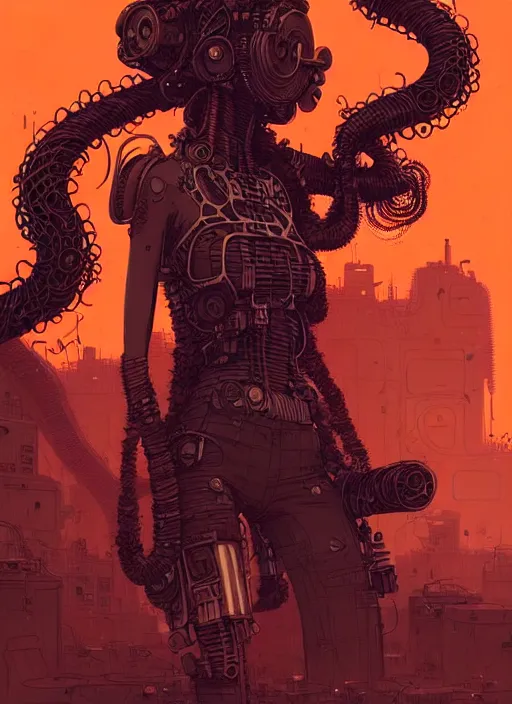 Image similar to highly detailed portrait of wasteland punk long curly fire hair tribal lady, stray wiring by atey ghailan, james gilleard, by joe fenton, by greg rutkowski, by greg tocchini, by kaethe butcher, 4 k resolution, gradient red, orange, black and white color scheme!!! ( ( flaming robotic dystopian city spiral background ) )