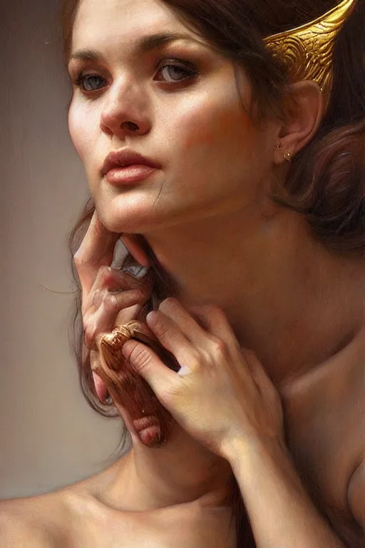 Prompt: hyper realistic portrait painting of the golden goddess, hyper detailed face by stjepan sejic, norman rockwell, michael hussar, roberto ferri and ruan jia, john william waterhouse, godward, david kassan