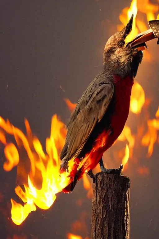 Prompt: a bird with a fiery beak eats a chainsaw at dawn