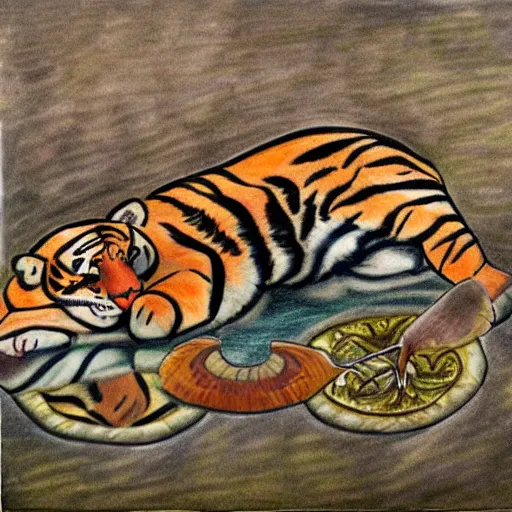 Image similar to drawing of a tiger cubs floating upside down in a pond of black oil, outsider art style