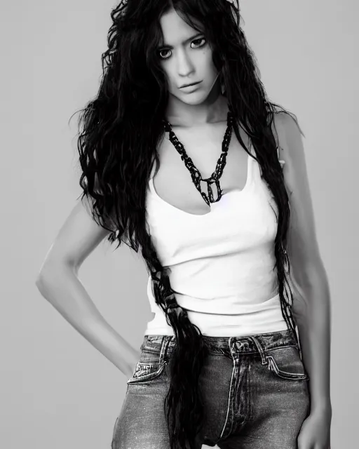 Image similar to a beautiful half body photo of a Young female with long disheveled black hair , paper white skin and reflective eyes, black tank top, black leather shiny jeans, an ankh necklace white colors in the background, 500px photos, top cinematic lighting , cinematic mood, very detailed, shot in canon 50mm f/1.2