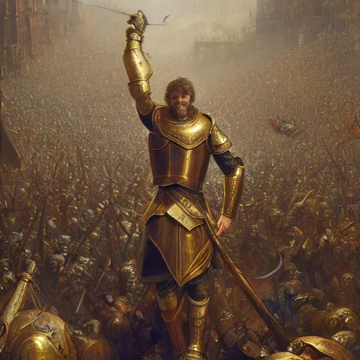 Image similar to artstation concept of a man in armor standing in a crowd gettig cheered, man with arms wide open, bright colorful, gold, hyperdetailed, artstation trending, world renowned artists, worth 1 0 0 0. com, historic artworks society, antique renewel, cgsociety, by greg rutkowski, by gustave dore, deviantart