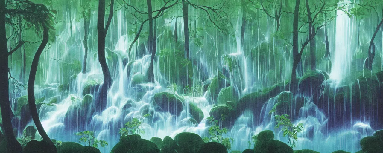 Image similar to deep forest, rainbow river waterfall, light shimmering, water mists, subtle color variantions, summer rain, gentle mists, a white robed benevolent magician clothed in a royal garment in contemplation and meditation casts a benevolent white magic spell, by Eyvind Earle and Mary Blair