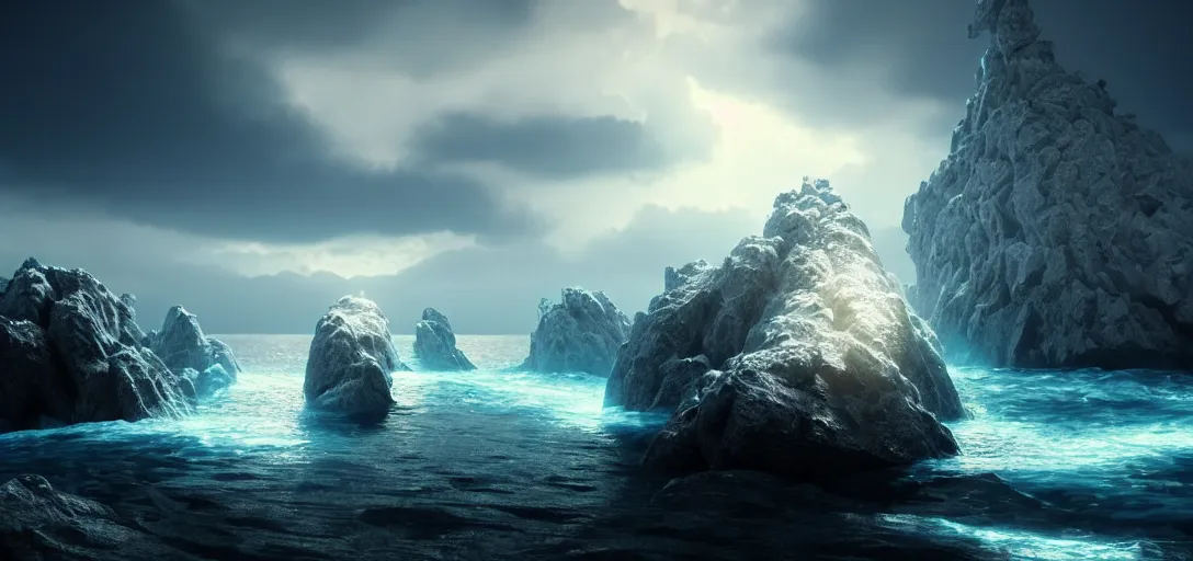 Image similar to octane render uhd, 8 k art photography, filmic lighting, cinematic art shot, hyperrealistic, hyperdetailed, super detailed, 8 k, high resolution, mysterious strangle glowing crystalline structure made of white rocks in the far distance, 8 k uhd photography by ross tran and ivan aivazovsky, black water, midnight