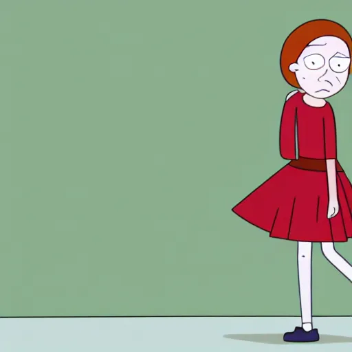 Image similar to of girl wearing red sweater with short black skirt and high heal shoes in the rick and morty style