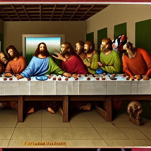 Image similar to the last supper with dinosaurs