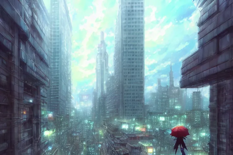 Image similar to a humanoid creature hybrid kaiju bug looming over a city in the rain, great composition, blue sky, fluffy clouds, happy atmosphere, by makoto shinkai an krenz cushart