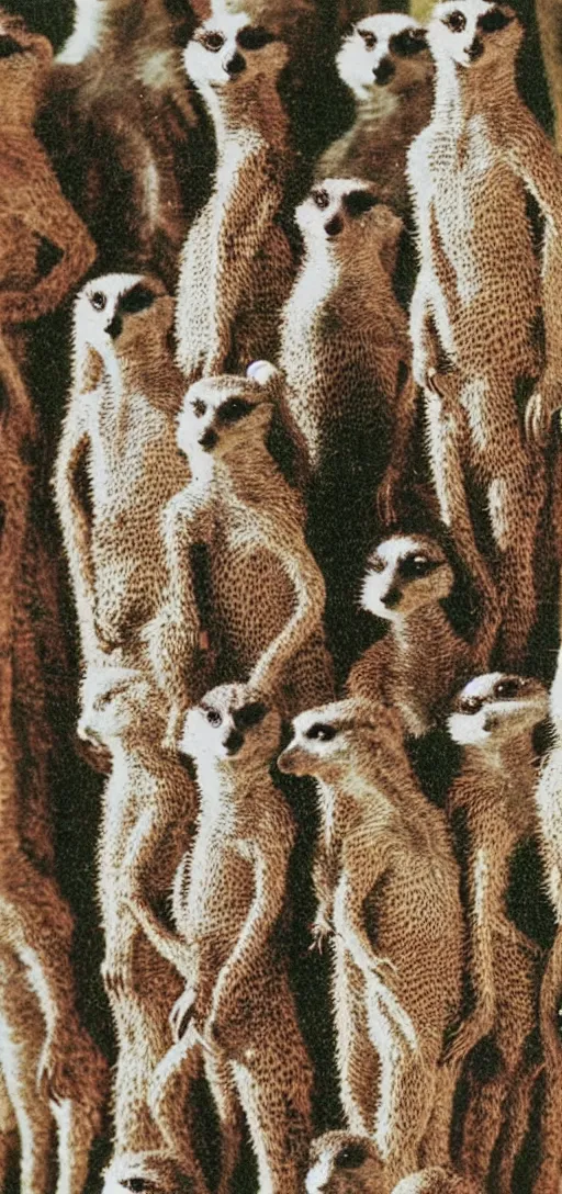 Image similar to multicolored crocheted meerkats, 1 9 8 0 s catalogue photo