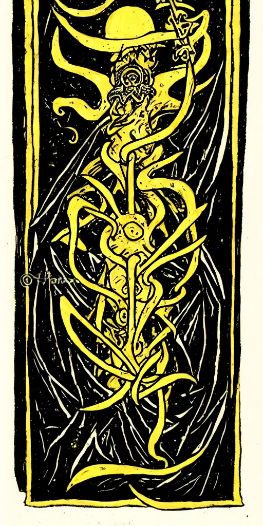 Prompt: tarot card, illithid, black background, gold border, metal