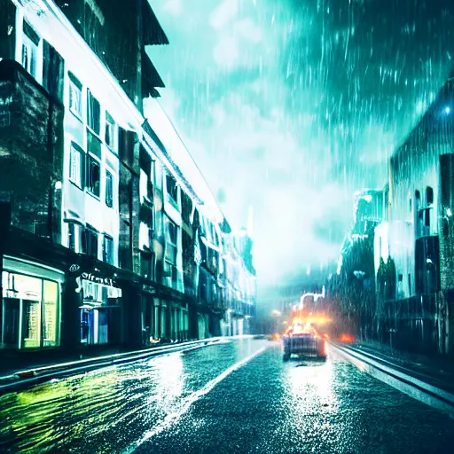 Prompt: a city street at night, raining, photograph, cars on the road, monster attack