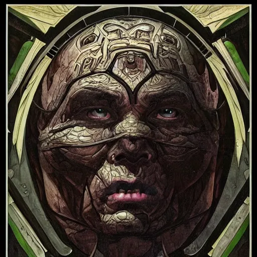 Image similar to portrait of golem the earth warrior made with rock and black obsidian and thunder by Jeff Easley and Peter Elson + beautiful eyes, beautiful face + symmetry face + border and embellishments inspiried by alphonse mucha, fractals in the background, galaxy + baroque, gothic, surreal + highly detailed, intricate complexity, epic composition, magical atmosphere + masterpiece, award winning + trending on artstation