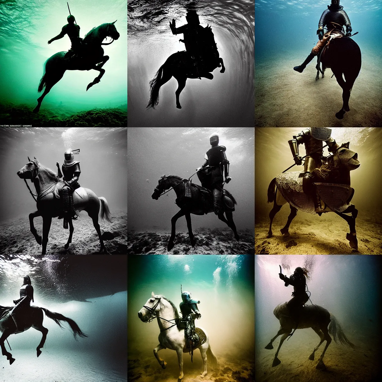 Prompt: Underwater photo of a medieval knight on a horse by Trent Parke, clean, detailed, Magnum photos
