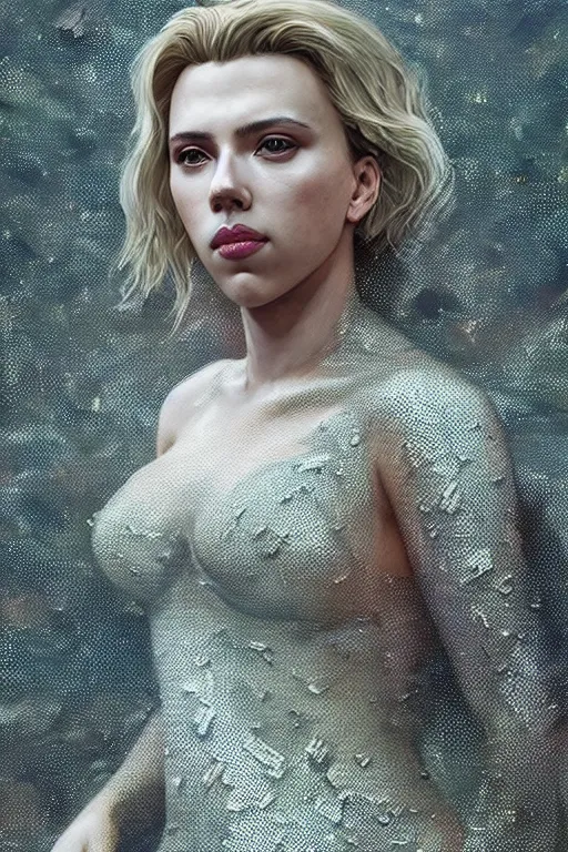 Image similar to a fancy portrait of Scarlett Johansson covered in dragon scales by Greg Rutkowski, Sung Choi, Mitchell Mohrhauser, Maciej Kuciara, Johnson Ting, Maxim Verehin, Peter Konig, final fantasy , mythical, 8k photorealistic, cinematic lighting, HD, high details, atmospheric,