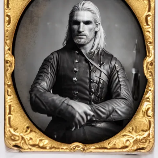 Prompt: wet plate photo of geralt of rivia dressed in colonial uniform