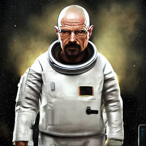 Image similar to Walter white from breaking bad, wearing an astronaut suit in space, dynamic lighting, photorealistic concept art, stunning visuals, creative, cinematic, ultra detailed, trending on art station, detailed