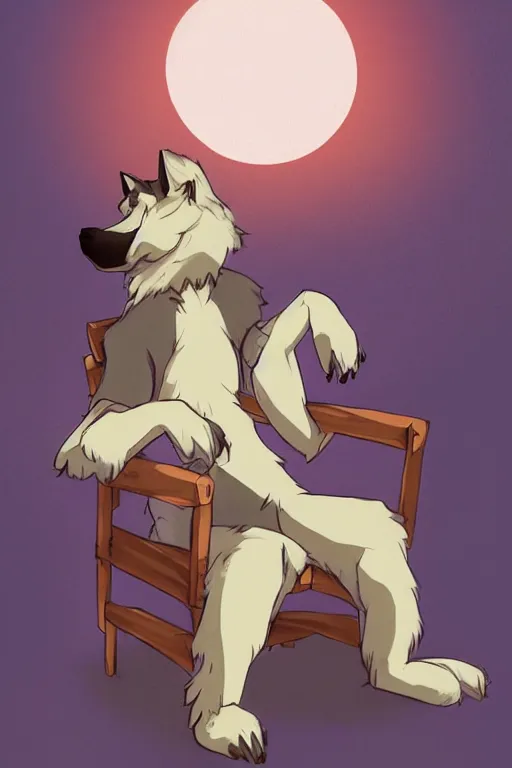 Image similar to anthropomorphic wolf fursona sitting in a chair at home lit by the sunset, furry art, trending on artstation, digital art, kawacy, trending on furaffinity