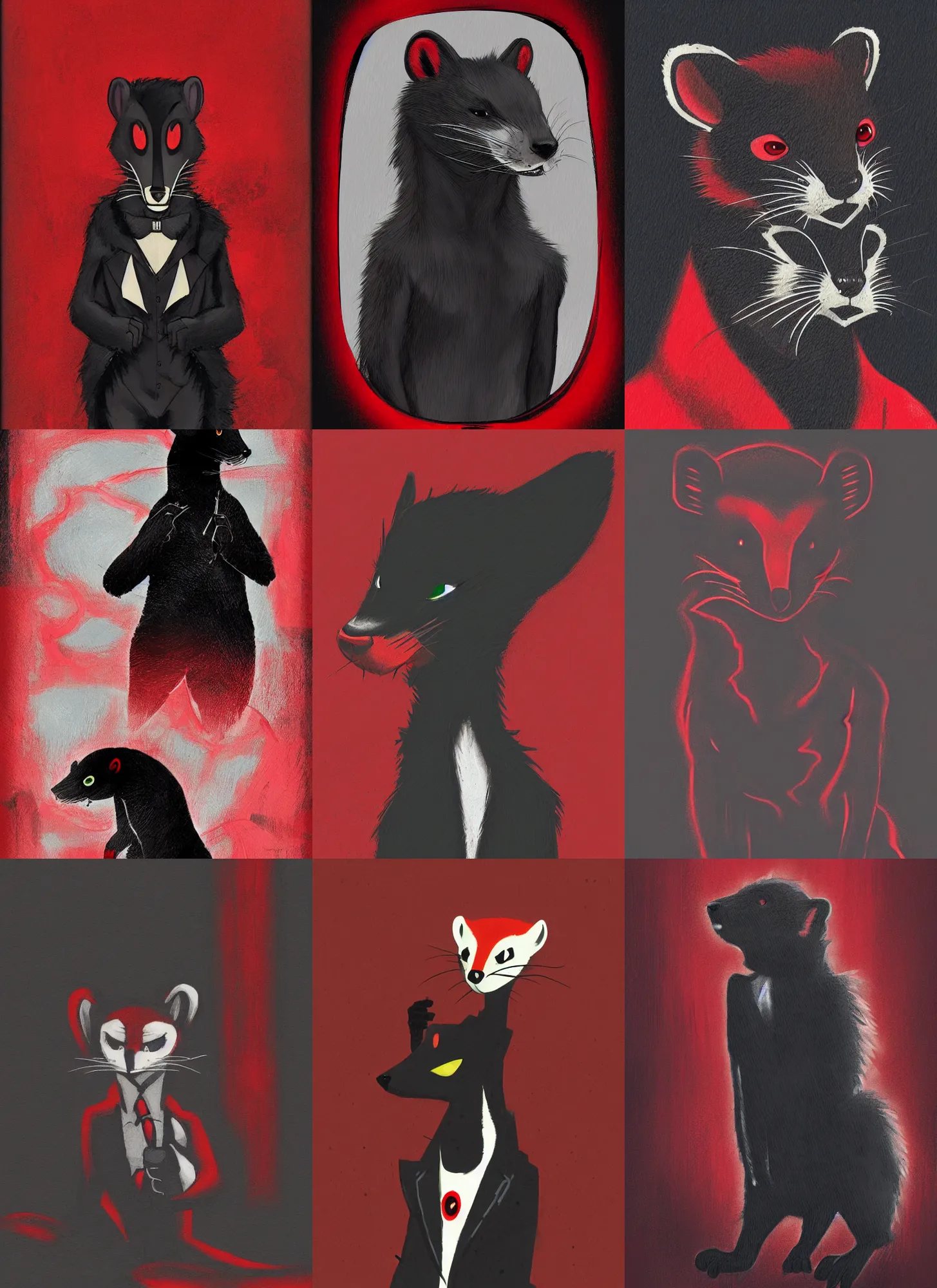 Prompt: red - and - black weasel / stoat fursona ( furry fandom ), neo - noir setting, detective fiction cover art style done in broad brush strokes