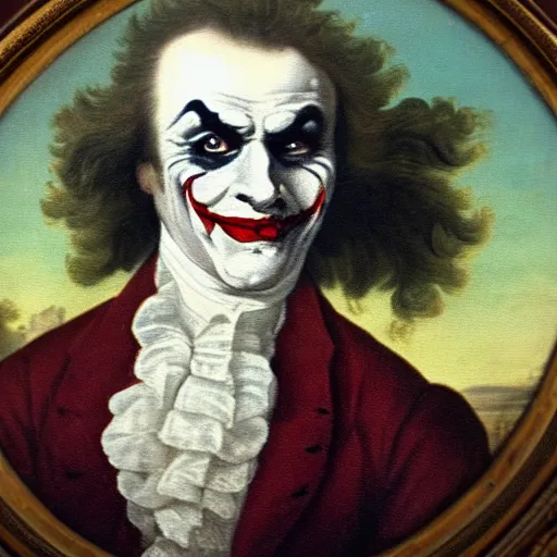 Image similar to 1 8 th century oil painting portrait of the joker wearing a white aristocratic outfit and wearing a monocle on his eye, very detailed, very intricate, 8 k,