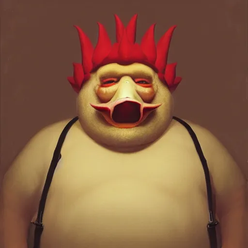 Image similar to scary portrait of an big fat asian man dressed as a chicken, the chicken man, man dressed as a chicken, highly detailed painting by sergey kolesov, 8 k, man dressed as a chicken, antropormophic art