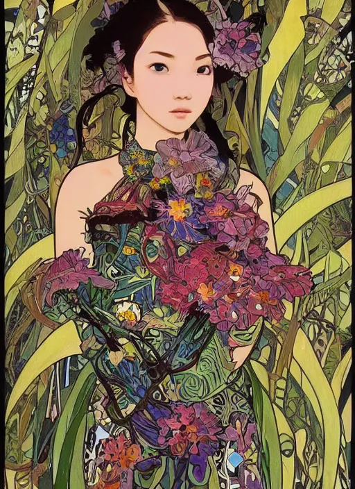 Image similar to !!! very coherent!!! oil painting, beautiful floralpunk iban cyborg portrait girl female illustration detailed patterns art of sarawak traditional dress, flower pop art, floral splash painting, art by ashley wood, alphonse mucha, makoto shinkai, geof darrow, dark shadow