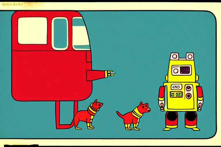 Image similar to ( ( ( ( ( ( ( a robot and a dog ) ) ) ) ) ) ) by richard scarry!!!!!!!!!!!!!! muted colors