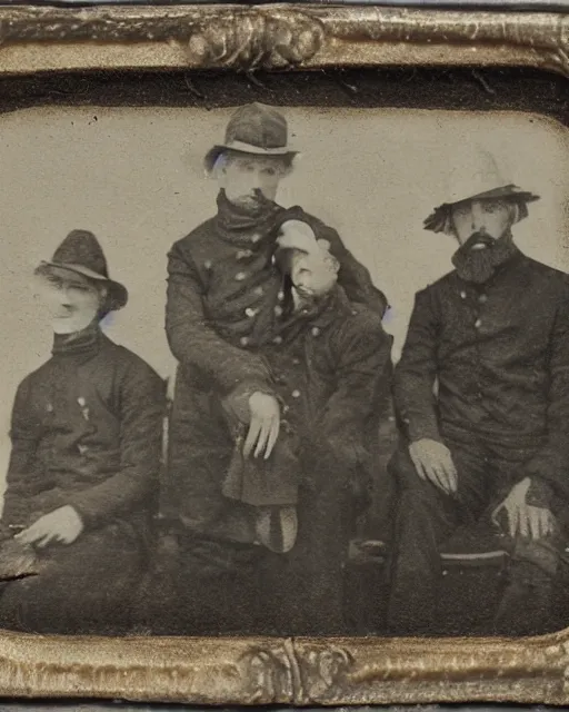 Image similar to tintype of four 19th century sailors stranded at sea in a small rowboat, photorealistic