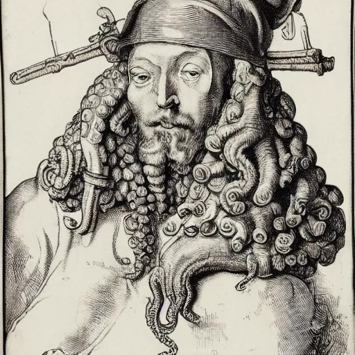 Image similar to A British colonial soldier with an octopus head in the style of Albrecht Dürer, engraving, ink, black and white, 17th century