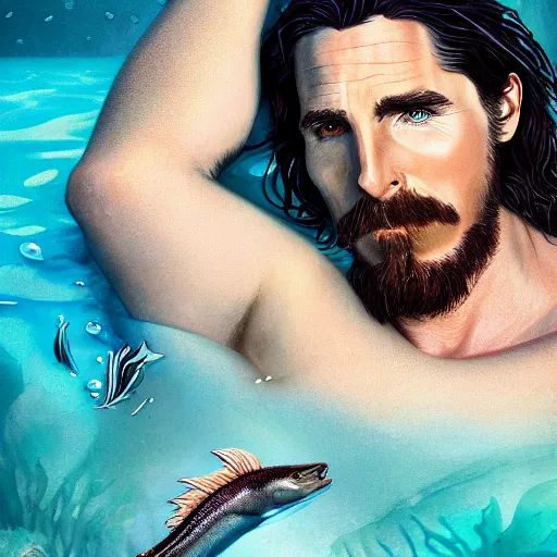 Image similar to christian bale portrait, fantasy, mermaid, hyperrealistic, game character, underwater, highly detailed, sharp focus, cinematic lighting, pearls, glowing hair, shells, gills, crown, water, highlights, starfish, jewelry, realistic, digital art, pastel, magic, fiction, ocean, king, colorful hair, sparkly eyes, fish, heroic, god, waves, bubbles, king