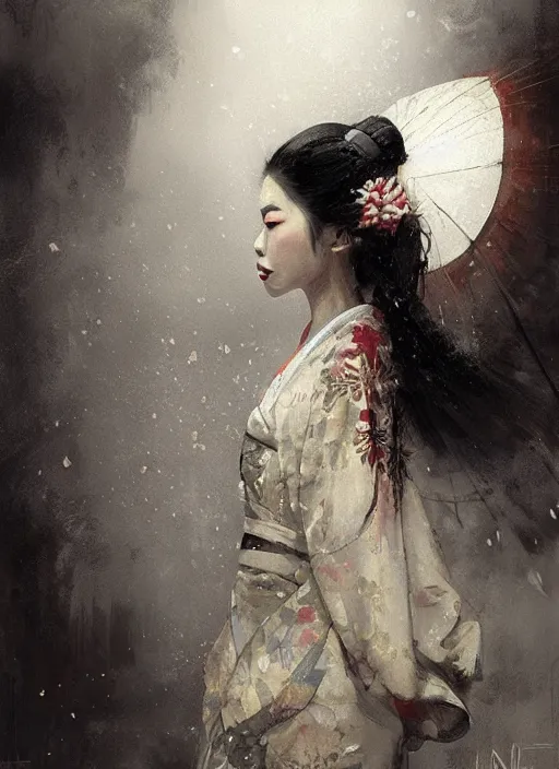 Image similar to female geisha girl, beautiful face, rule of thirds, intricate outfit, spotlight, by greg rutkowski, by jeremy mann, digital painting