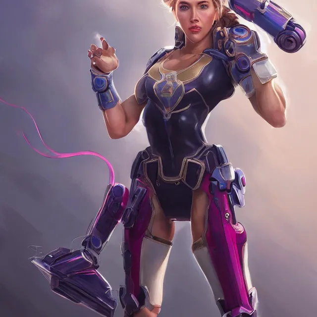 Image similar to detailed portrait of scarlett johansson as a female bodybuilder d. va from overwatch, attractive, beautiful, fantasy, intricate, elegant, highly detailed, digital painting, artstation, concept art, matte, sharp focus, illustration, art by aenaluck, artgerm and roberto ferri and greg rutkowski, epic fantasy, digital painting