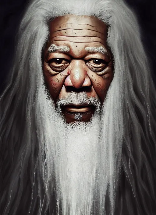 Prompt: evil morgan freeman as evil wizard saurman the white, long white hair and white beard, beautiful pure white warlock flowing robes, long black wizard staff by alan lee, lord of the rings, smooth, oil painting, matte painting, concept art, trending on artstation, promotional artwork, film still, elegant, photorealistic facial features, intricate, detailed face, cinematic lighting