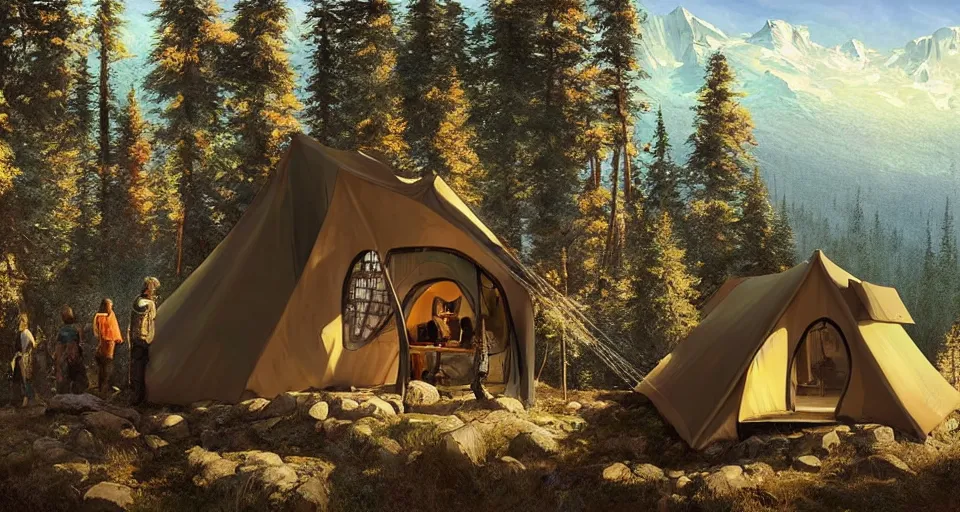 Image similar to cabela's beautiful comfortable carbon framed, modular insulated wall portable container home kit - house all weather family dwelling tent house, person in foreground, mountainous forested wilderness open fields, beautiful views, painterly concept art, environmental concept art, concept art illustration, by james gurney, by craig mullins, by greg rutkowski trending on artstation