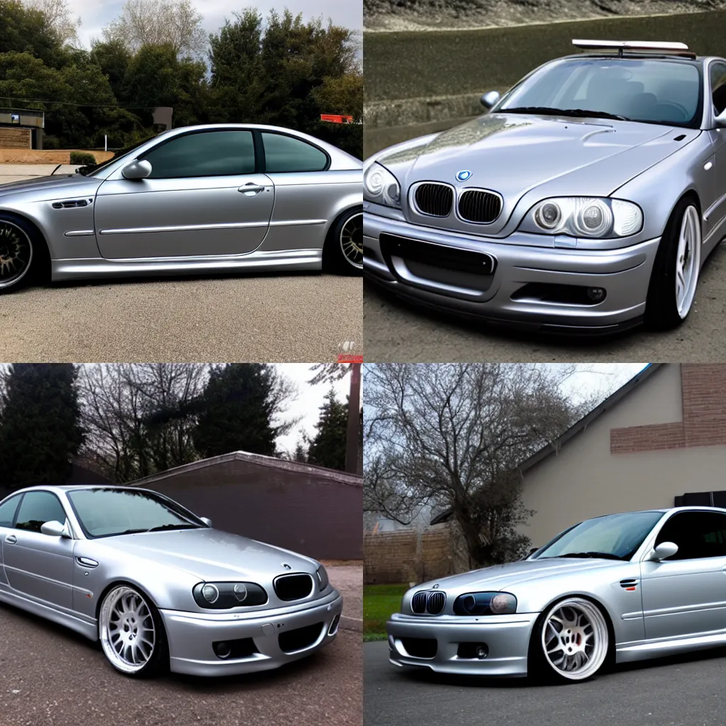 Prompt: silver E46 with 20% window tint and black rims
