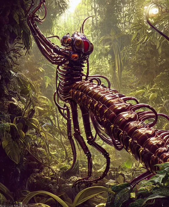 Image similar to intricate ornate opulent transparent clear see - through portrait of a terrifying male alien centipede robot, mottled coloring, adorable, childlike, overgrown jungle environment, ultra realistic, concept art, art nouveau, photorealistic, octane render, 8 k, unreal engine. art by christopher marley and artgerm and greg rutkowski and alphonse mucha