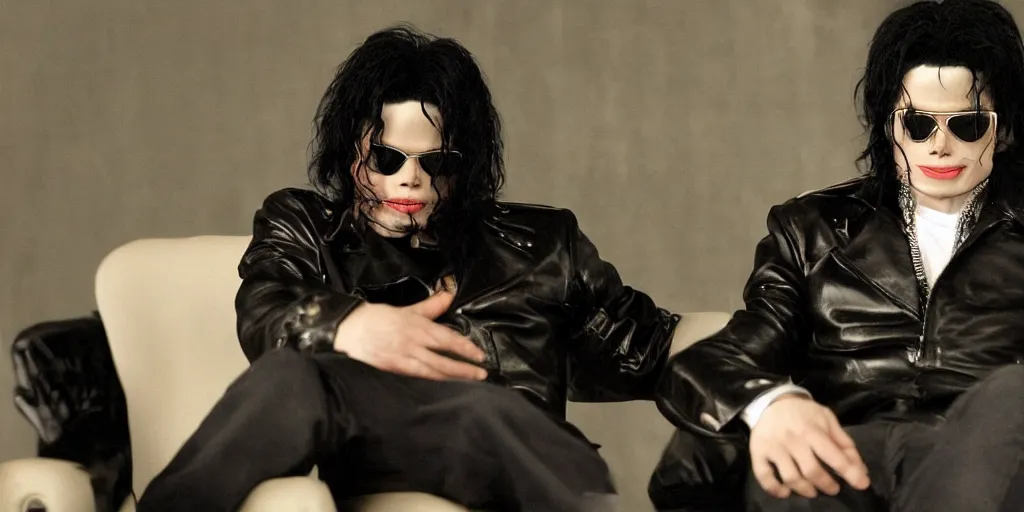 Image similar to michael jackson 2 0 0 9 wearing shades, alone, this is it style, photo real, skin, motion blur, sitting in a chair, by himself, real life, spotted, leaked, ultra realistic face, accurate, 4 k, movie still, uhd, sharp, detailed, cinematic, render, modern