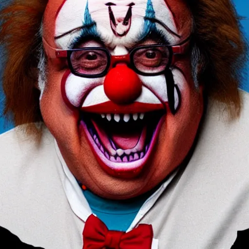 Prompt: danny devito in clown mask with fangs