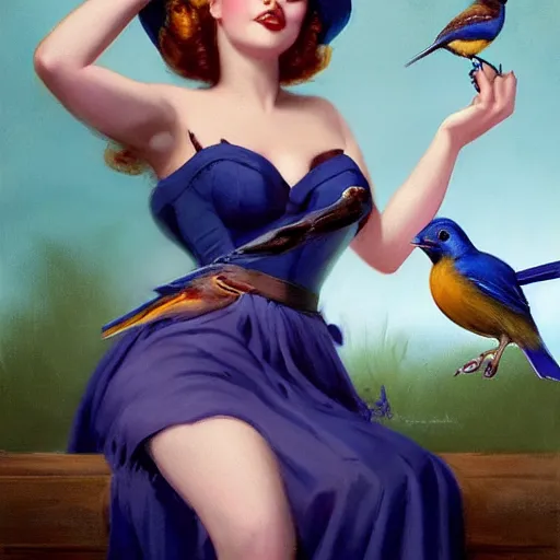 Image similar to portrait of a pinup girl holding an indigo bunting, bird, the bird is wearing a bowtie, by greg rutkowski, rossdraws, gil elvgren, enoch bolles, anime, porcelain skin, very coherent