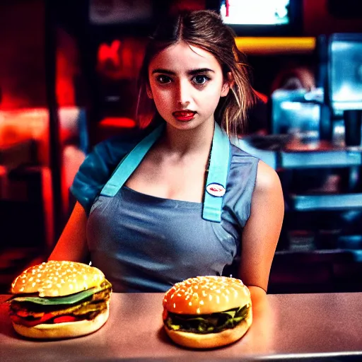 Image similar to ana de armas portrait working in a fast food restaurant, in a cinematic cyberpunk style, 3 5 mm