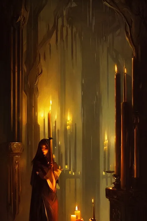 Image similar to dreamy dark hall with candles and dripping wax, fantasy art by bayard wu, trending on artstation, camille corot, stephan martiniere