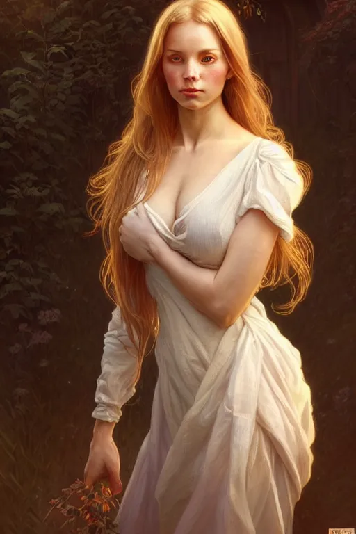 Prompt: clear portrait of a scandinavian attractive women, cottagecore!!, background hyper detailed, character concept, full body, dynamic pose, glowing lights!! intricate, elegant, highly detailed, digital painting, artstation, concept art, smooth, sharp focus, illustration, art by artgerm and greg rutkowski and alphonse mucha